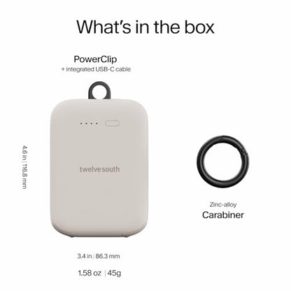 Twelve South PowerClip Mini Charger with Built-in USB-C Cable, 2000mAh - color: Dune