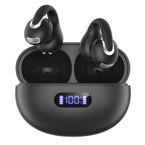Jzones Open Ear Clip Wireless Earbuds Bluetooth 5.4, Lightweight Comfort Sports Bone Conduction Headphones Built-in Mic for Clear Audio, Stable Fit Earphones 24H Play-Soft Black