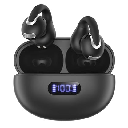 Jzones Open Ear Clip Wireless Earbuds Bluetooth 5.4, Lightweight Comfort Sports Bone Conduction Headphones Built-in Mic for Clear Audio, Stable Fit Earphones 24H Play-Soft Black