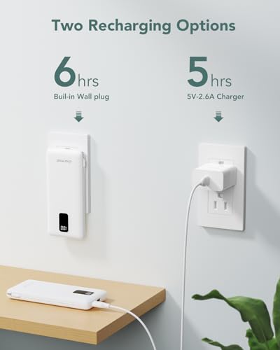 charmast Portable Charger Power Bank Built in Cables,10000mAh Battery Pack | with AC Wall Plug,LED Display & 5 Outputs,Travel Camping Essentials Slim External Phone Charger for iPhone,Samsung,Android - color: White