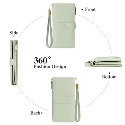 GAEKEAO Wallets for Women Leather RFID Blocking Large Capacity Card Case Ladies Wristlet Clutch Wallets Zipper Pocket with 4 ID Windows 20 Card Slots - color: Light Green