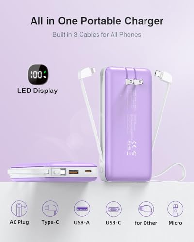 penaover Portable Charger with Built-in Cables&AC Wall Plug,5 Output 2 Input 20000mAh Power Bank,22.5W Fast Charging Battery Pack with LED Display,Compatible with iPhones,Android, Samsung etc,Purple - color: Purple
