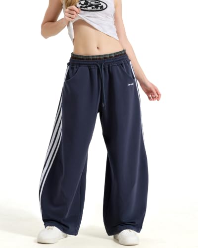 Women's Baggy Barrel Sweatpants, Double Waist Striped Wide Leg Pants - color: Navy Blue, size: X-Small