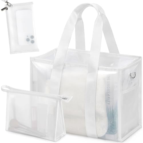 3-Piece Iridescent Beach Bag Set for Women, Large PVC Pool Bag Set | Includes Summer Beach Tote, Cosmetic Bag and Touchscreen Phone Pouch for Pool, Travel and Vacation - color: White