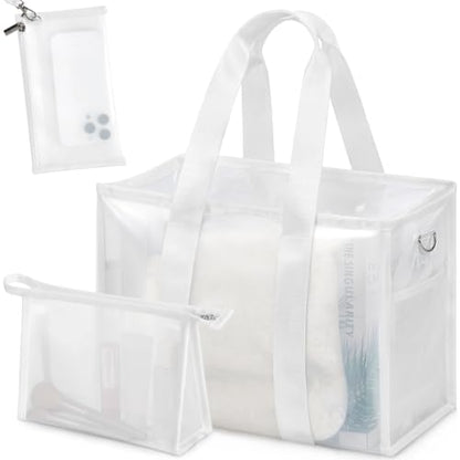 3-Piece Iridescent Beach Bag Set for Women, Large PVC Pool Bag Set | Includes Summer Beach Tote, Cosmetic Bag and Touchscreen Phone Pouch for Pool, Travel and Vacation - color: White