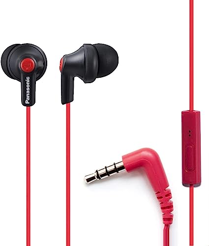 Panasonic ErgoFit Wired Earbuds with Microphone, 3.5mm Jack Headphones with Mic and Call Controller, Ergonomic Custom-Fit Earpieces (S/M/L), for Phones and Laptops - RP-TCM125-KB (Matte Black/Red) - color: Matte Black/RED, size: S/M/L, style: With Mic