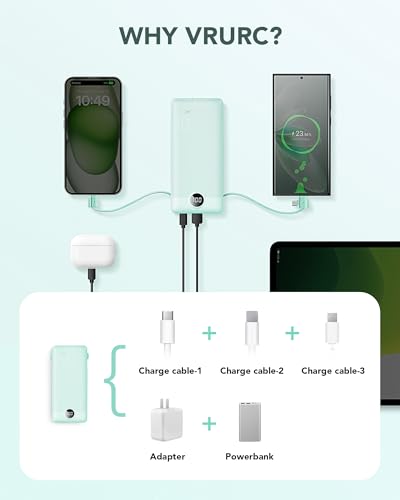 VRURC Portable Charger Built-in Cables and AC Wall Plug, USB C Power Bank 10000mAh, Travel Battery Portable Phone Charger Compact Lightweight External Battery Pack for Smart Phones, Tablets etc-Green - color: Green