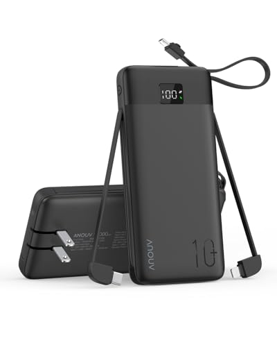Portable Charger 10000mAh Power Bank w/Built-in 3 Cables & AC Wall Plug - color: Black