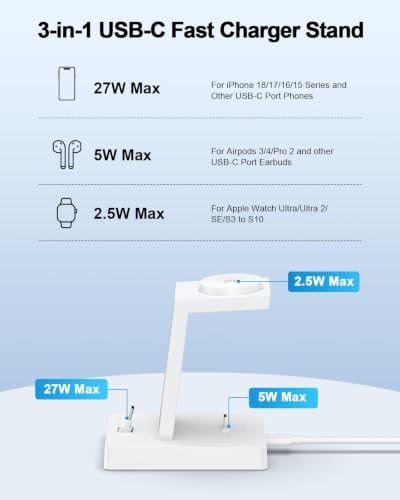 30W Fast Charging Station for Apple Devices - ADADPU 3 in 1 USB C Charger Stand for iPhone 18 Pro Max 17 16 15 & AirPods 4, Wireless Charger Dock Compatible with Apple Watch Ultra/10/9/8/7/6/5/4/3/SE - color: Classic White