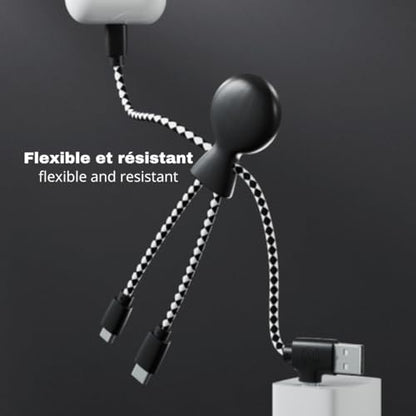 Xoopar - Mr Bio 4 in 1 Multi USB Cable Octopus Design Black - Universal Recycled Plastic Charger - USB Plug - USB-C - Lightning - Micro USB for Universal Smartphone - color: Black
