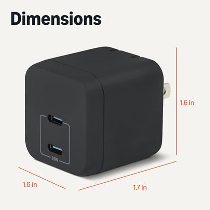 Amazon Basics 35W Fast Charging GaN USB-C Wall Charger, 2-Port Nano for Tablets, Phones, Black - color: Black, style: 35 W Two Port