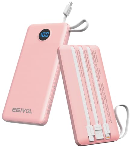 Portable Charger Built in 4 Cables, 10000mAh Power Bank, Pink - color: Pink