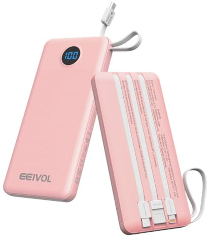 Portable Charger Built in 4 Cables, 10000mAh Power Bank, Pink - color: Pink