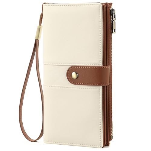 GAEKEAO Wallets for Women Leather RFID Blocking Large Capacity Card Case Ladies Wristlet Clutch Wallets Zipper Pocket with 4 ID Windows 21 Card Slots - color: White-Brown