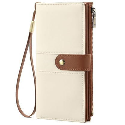 GAEKEAO Wallets for Women Leather RFID Blocking Large Capacity Card Case Ladies Wristlet Clutch Wallets Zipper Pocket with 4 ID Windows 21 Card Slots - color: White-Brown