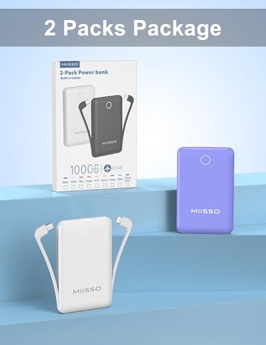 10000mAh Mini Portable Charger with Built in Cable, 2 Pack Purple & White - color: 2 Pack Purple & White