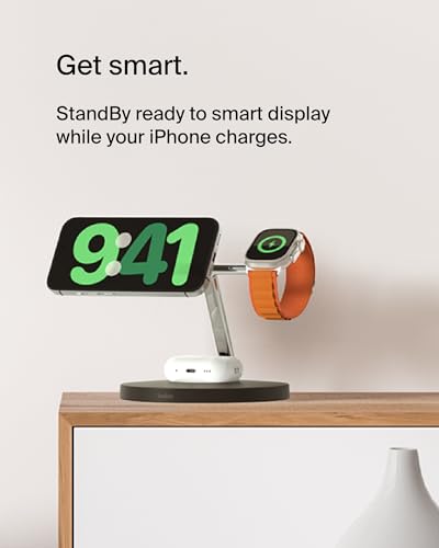 Belkin MagSafe 3 in 1 Wireless Charging Stand, 2nd Gen, 33% Faster - color: Black, style: Chrome Finish