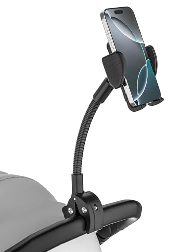 Stroller Phone Holder, Baby Stroller Cell Phone Mount with Flexible Gooseneck, Stroller Smartphone Holder for iPhone 17 16 15 Pro Max, Galaxy Series and All 4.7-7" Phones with Thickness Case