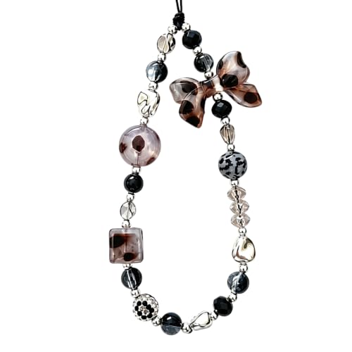 Cute Beaded Camera Wrist Strap for Phone, Digital Camera Charm Lanyard, Pearl Beaded Chain for Bag Keychain Gift - color: Bow Leopard