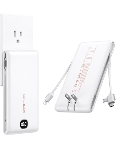 VEEKTOMX Portable Charger with Built-in Cables and AC Wall Plug, 10000mAh - color: Matte White