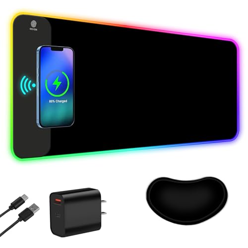 ToLuLu Wireless Charging RGB Gaming Mouse Pad, 15W LED Mouse Mat with 30W Charger, 14 Light Modes Large Mousepad Wrist Support, Non-Slip Rubber Base Desk Mat Computer PC Keyboard Pad XXL, Cool Black - color: Black