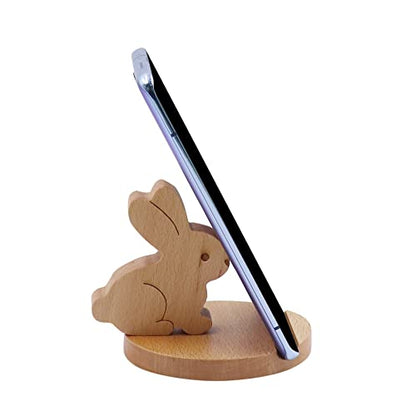 Cute Bunny Cellphone Stand Holder Wooden Smartphone Desk Holder for All Mobile Phones Animal Phone Stand Desk Ornament - color: Bunny A