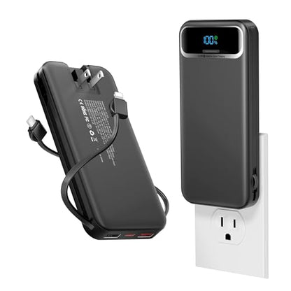 aonidi Portable Charger 12000mAh with Built-in Cables&AC Wall Plug, Black - color: Pitch Black