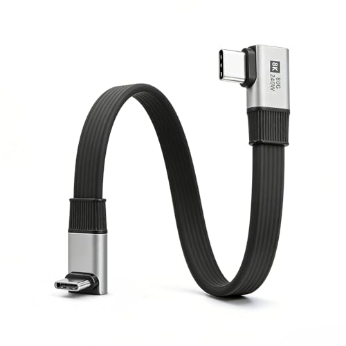 Duttek 80G Short USB C to USB C Cable 90 Degree 7.87inch, 240W/8K@60Hz Right Angle USB C Male to Male Flexible Flat Cable for Steam Deck, Laptop, Car, Gaming Setup - style: Side Angle to Vertical Angle 90 Degree USB C Cable