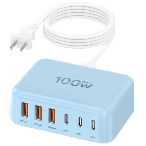 100W 6 in 1 USB Charger, 50% Smaller Charging Station for Multiple Devices - color: Light Blue