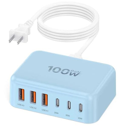 100W 6 in 1 USB Charger, 50% Smaller Charging Station for Multiple Devices - color: Light Blue