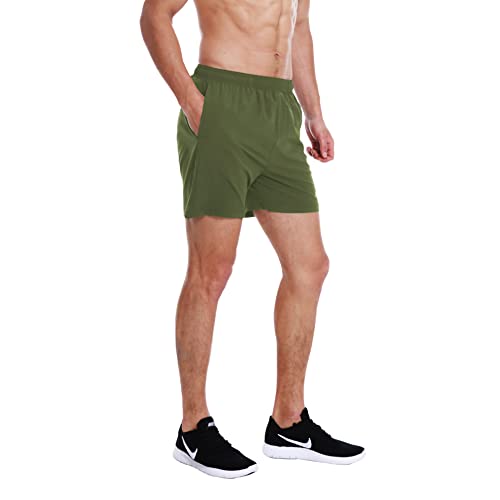 EZRUN Men's 5" Athletic Running Shorts Quick Dry with Liner Zip Pocket - color: Army Green, size: Large