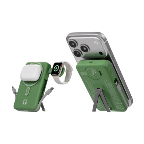Q Magnetic Wireless Portable Charger 10,000mAh, Travel Essentials Power Bank with Built-in Cables & Foldable Stand, External Battery Pack Compatible with iPhone 17/16/15/14/13/12, Apple Watch - color: Green
