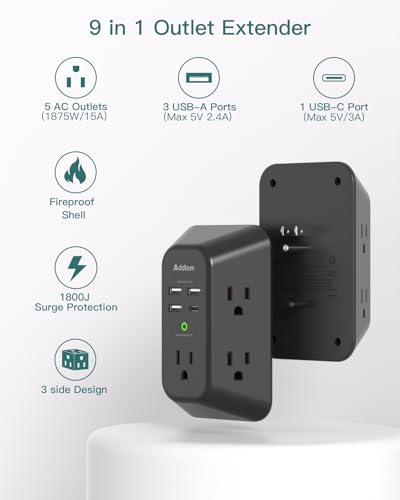 Addtam 5-Outlet Extender Surge Protector, Multi Plug Wall Outlet with 4 USB Wall Charger, Plug Extension Outlet 1800J, Outlet Splitter Power Strip for Home Office Dorm Room Essentials, Black, 2 Pack - style: 1C3A 2 Pack