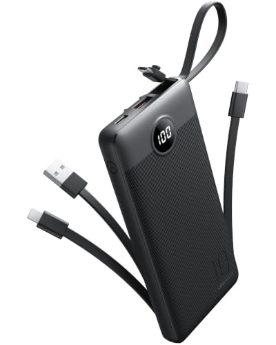 Portable Charger with Built-in Cables, Slim 10000mAh Power Bank with USB C, Travel Essentials External Battery Pack 5 Outputs 2 Inputs LED Display Compatible with iPhone/Android & More(Black) - color: Black