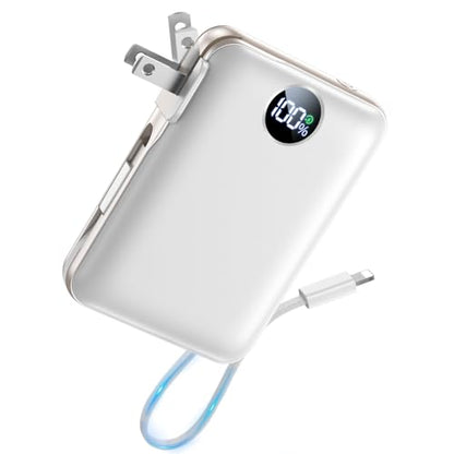 Portable Charger Power Bank 10000mAh, 45% Smaller Built-in Cables & AC Plug - color: Pearl White