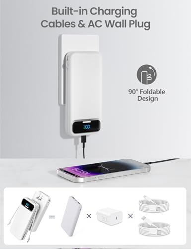 aonidi Portable Charger 12000mAh with Built-in Cables&AC Wall Plug, White - color: White