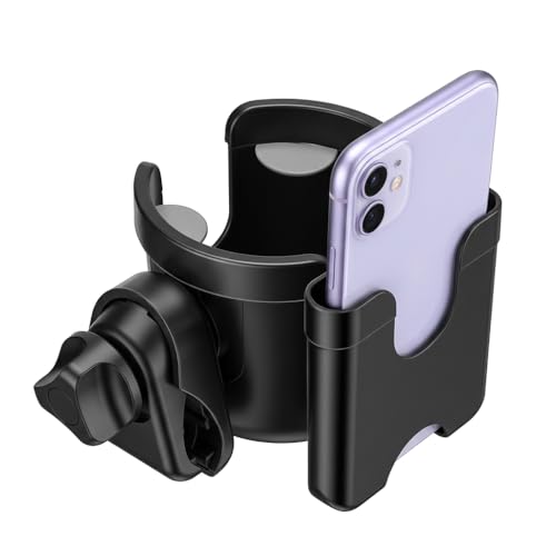 Suranew Universal Stroller Cup Holder, Adjustable Drink Holder with Phone Holder for Baby Stroller, Wheelchair, Walker, Bike, Scooter, Gifts for Family Member. - color: Black