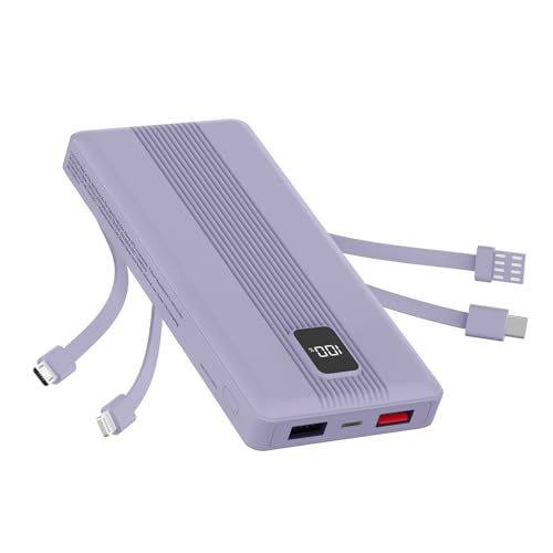 10000mAh Portable Charger with 4 Built-in Cables, 22.5W Fast Charging Power Bank, LED Display, Slim Travel Battery Pack for iPhone 17/16/15/14, Samsung Galaxy, iPad & More - color: Purple