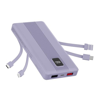 10000mAh Portable Charger with 4 Built-in Cables, 22.5W Fast Charging Power Bank, LED Display, Slim Travel Battery Pack for iPhone 17/16/15/14, Samsung Galaxy, iPad & More - color: Purple