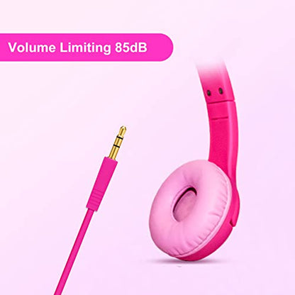 Olyre Kids Wired Headphones with Mic, LED Cat Ears Headset, Dual Audio Jack - color: Rose Red