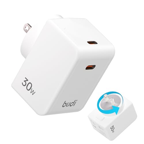 BUDI Wall Charger Plug Power Adapter with PD 30W USB-C Charger Block- 180° Rotating Plug USB Power AdapteCharging Adapter for iPhone15/15Plus/15Pro/15Pro Max,14/13/12 Series, Galaxy, Pixel 4/3, iPad