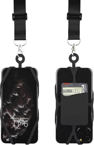 Gear Beast Cell Phone Lanyard with Adjustable Neck Strap Compatible with iPhone Galaxy & Most Smartphones, Silicone Phone Holder with Card Pocket and Adjustable Satin Polyester Lanyard - color: Black