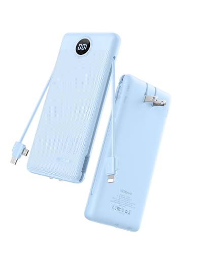VRURC Portable Charger AC Plug and Built-in-Cables 10000mAh Fast Charging - color: Blue