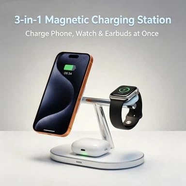 3 in 1 Magnetic Wireless Charger Station, Fast Charging Stand with & Cable, Multi-Angle Adjustable Wireless Charging Dock Desktop Organizer for Bedroom Office (Black) - color: Black