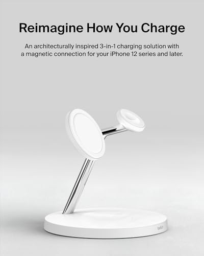 Belkin MagSafe 3 in 1 Wireless Charging Stand, 2nd Gen, 33% Faster - color: White, style: Chrome Finish