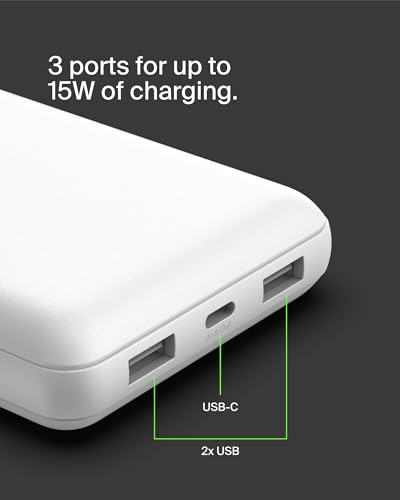 Belkin 20000mAh 15W 3 Port Power Bank, USB A to USB C Cable Included - color: White
