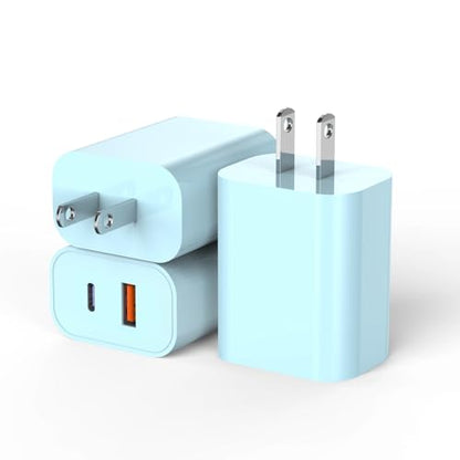 USB C Wall Charger Block, 3Pack 20W Dual Port PD Fast iPhone 16/15 Charger USB C Wall Charger Adapter + USB A Quick Charging Brick Plug for iPhone 15/14/13/12/11/Pro Max/Plus/XS/XR/X,iPad,AirPods-Blue - color: Blue