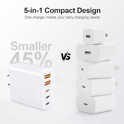 USB C Charger Fast Charging, 5 Port Multi USB C & A Wall Charger Block with 4FT and 6FT Long Type C Cable, 60W PD Power Adapter for iPhone 17/16/15,Samsung Galaxy S26/Z Fold7/C55/A52