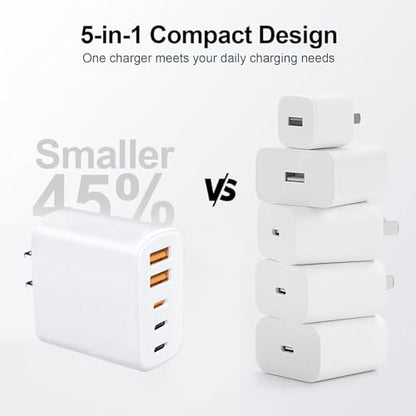 USB C Charger Fast Charging, 5 Port Multi USB C & A Wall Charger Block with 4FT and 6FT Long Type C Cable, 60W PD Power Adapter for iPhone 17/16/15,Samsung Galaxy S26/Z Fold7/C55/A52