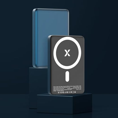 X Blade 10K Slim Magnetic Power Bank - 10000 mAh - MagSafe Portable Charger for iPhone and Samsung, Wireless Fast Charging USB-C PD 20W, Ultra Thin Metal Design, Metallic Blue - color: Metallic Blue